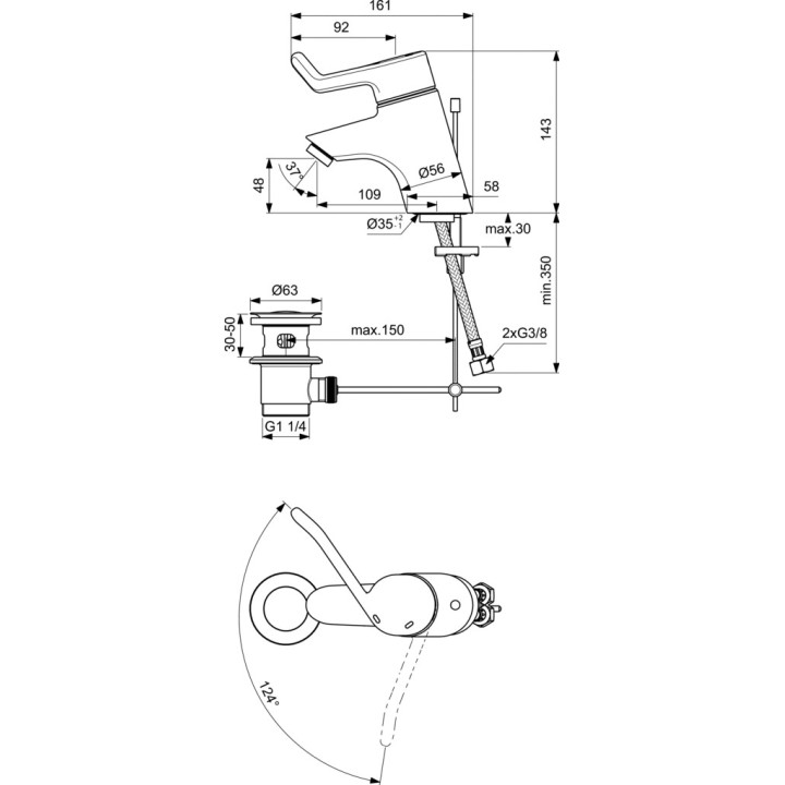 Umyvadlová batéria dla osób niepełnosprawnych Ideal Standard Ceraplus, na postavení, výška 143mm, zátka automatický, chróm