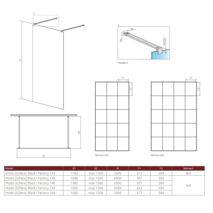 Sprchový kút Radaway Modo X I 120, przejrzysta, 1180x2000mm