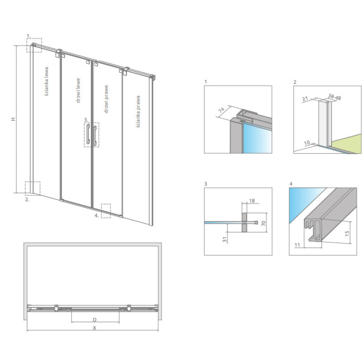 Dverí sprchové do niky Radaway Espera DWJ Mirror 140, ľavé, posuvné, sklo mirror+číre, 1400x2000mm, profil chróm