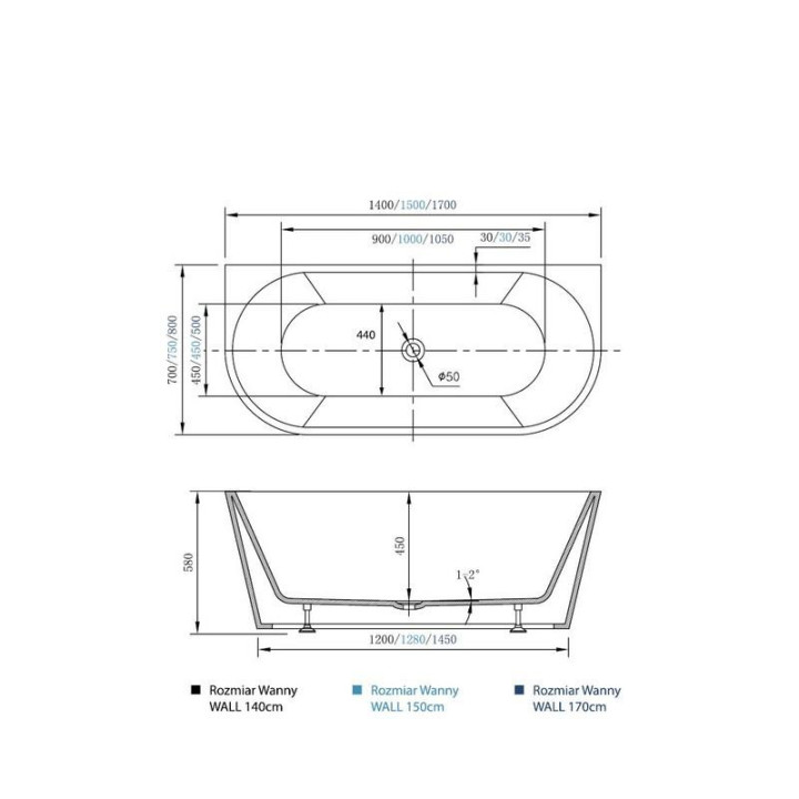 Vaňa voľne stojaca Massi Wide, 175x100x58 cm, bez prepadu, biela- sanitbuy.pl