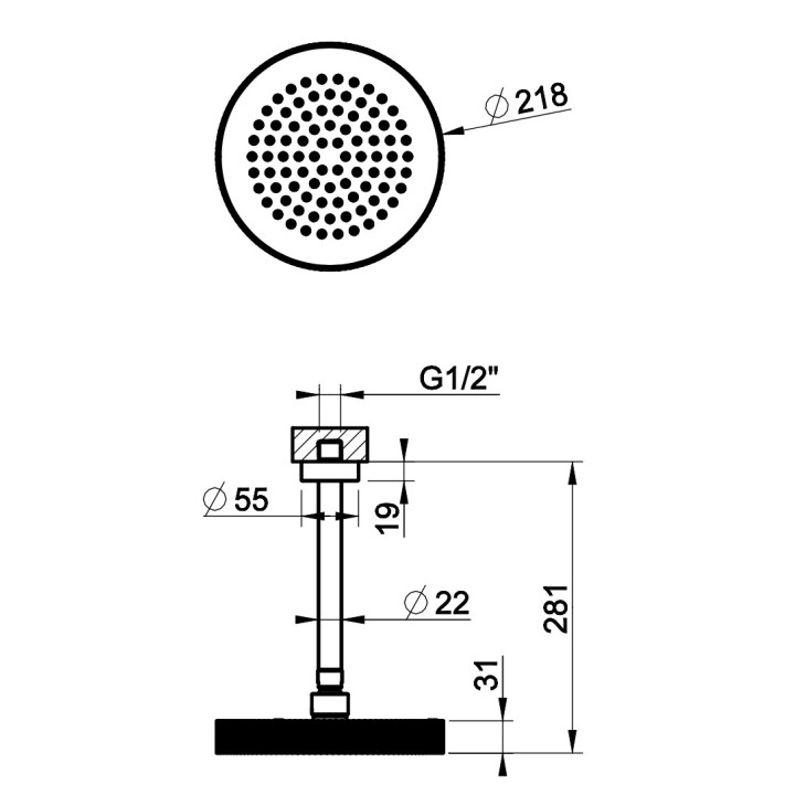 Horná sprcha Gessi Anello, okrúhla, 218mm, regulowana, s ramenom nastenným 343mm, chróm