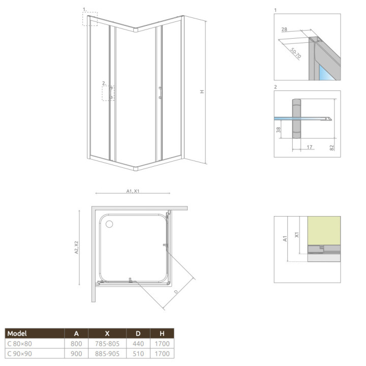Štvrťkruhový Sprchový kút Radaway Premium A 1700, 90x90cm, rozsuwana, sklo fabric, profil chróm