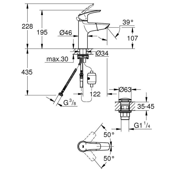  Umyvadlová batéria Grohe Eurosmart na postavení, wys. 146 mm, chróm, Jednootvorové