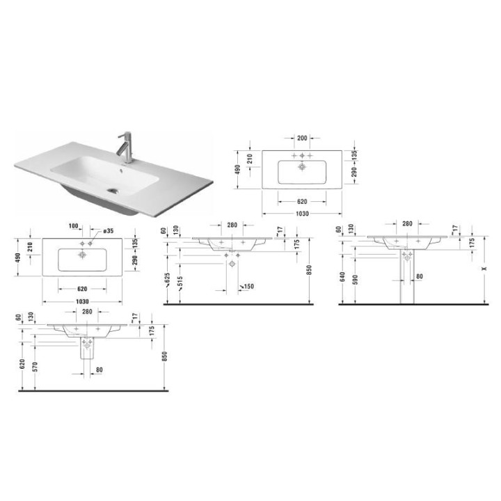 Umývadlo Duravit ME by Starck 103x49 cm s tromi otvormi na batériu 
