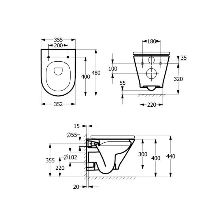 Misa Roca Gap Rimless 34x54 cm, Závěsná 