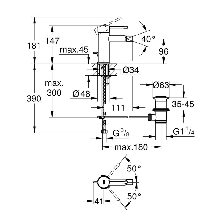 Bidetová batéria Grohe Essence Professional, na postavení, výška 147mm, zátka automatický, chróm