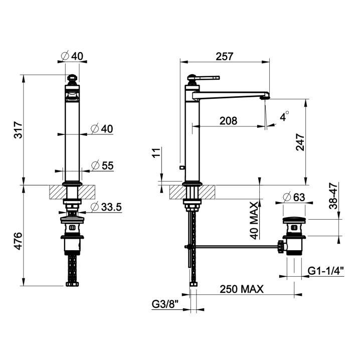 Umyvadlová batéria Gessi Venti20, na postavení, výška 168mm, zátka automatický, chróm