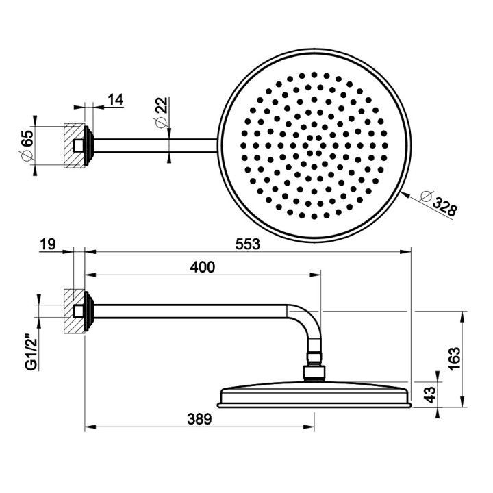 Horná sprcha Gessi Venti20, okrúhla, 229mm, rameno stenová 400mm, chróm