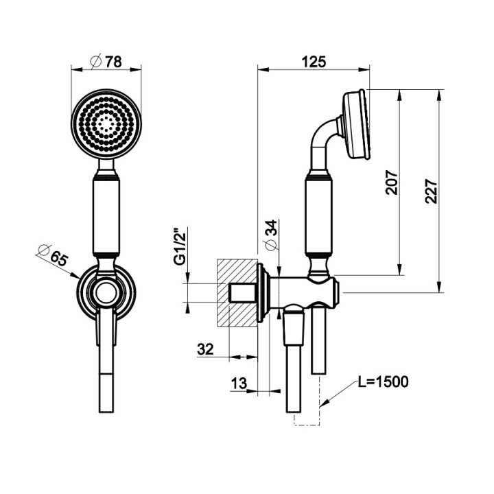 Sprchový set Gessi Venti20, na stěnu, držák z a sprchovou hlavou i hadicou 150cm, chróm