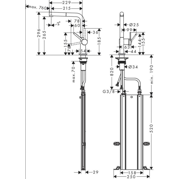 Drezová batéria Hansgrohe Talis M54, páková, výška 435mm, výsuvná sprcha, 2jet, sBox, čierna matnéný