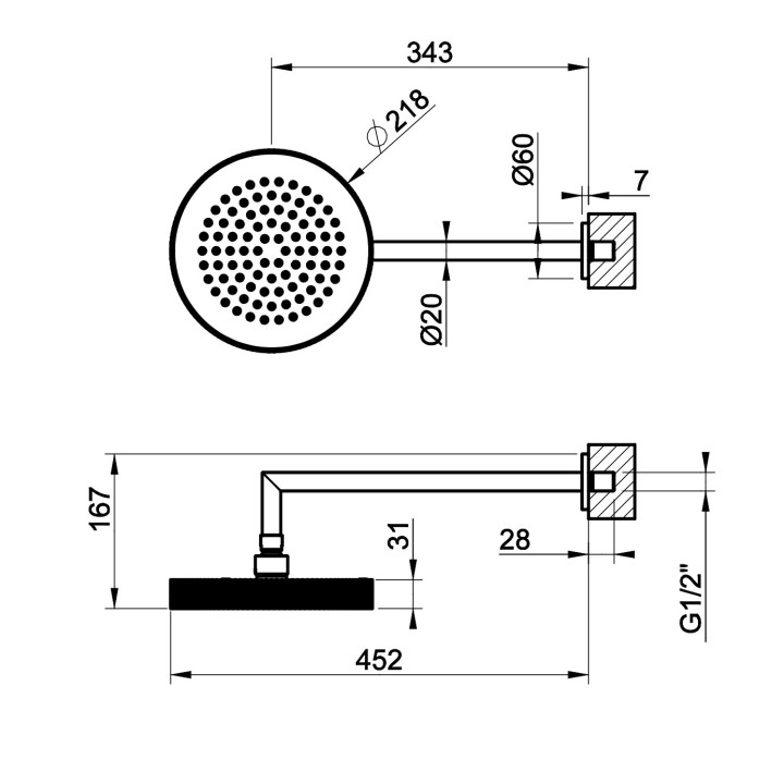 Horná sprcha Gessi Anello, okrúhla, 218mm, regulowana, s ramenom nastenným 343mm, chróm