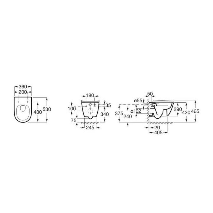 Závesné wc Roca Ona Compacto Rimless, 48x36cm, biely