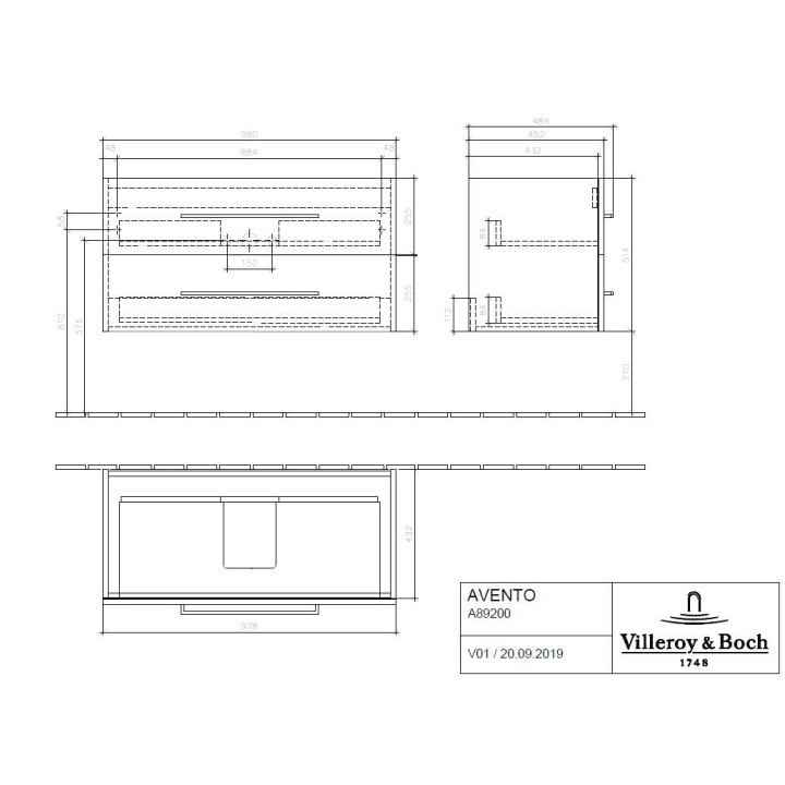 Skříňka podumývadlová Villeroy & Boch Avento kryształowy šedý, 96,7 x 52 x 44,7 cm, 2 szuflady- sanitbuy.pl