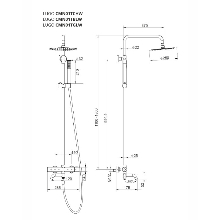 Sprchová čierna Sprchový systém Corsan Lugo okrúhla Horná sprcha s batériou termostatickou
