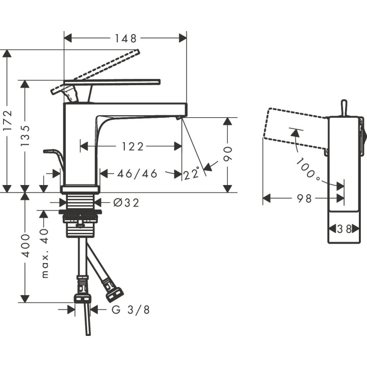 Páková umyvadlová batéria 80 CoolStart s umývadlovou výpusťou, Hansgrohe Tecturis E - Chróm