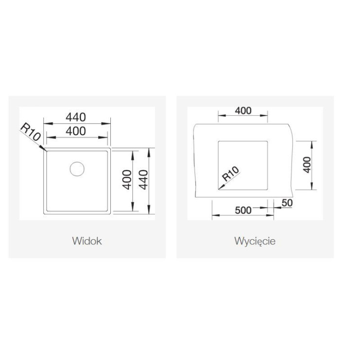 Drez oceľový jednokomorowy Blanco Claron 400-U 44x44 cm závesné bez automatickej zátky, oceľový 