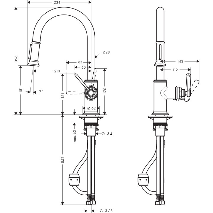 Drezová batéria Axor Montreux, wys. 39,6 cm, páková, s výsuvnou sprchou, DN15, chróm