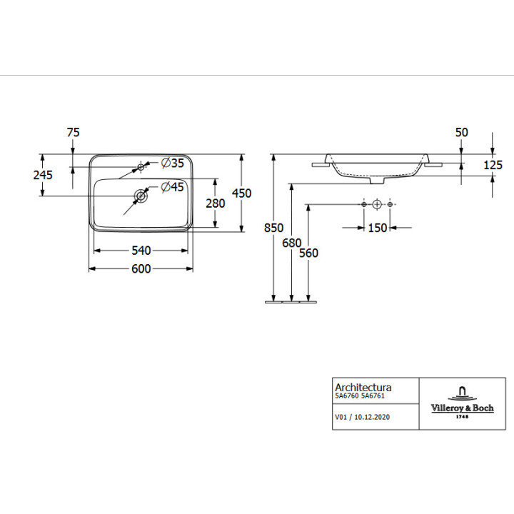 Zápustné umývadlo - Villeroy & Boch/Architectura, 600 x 450 x 170 mm, Weiss Alpin, z prepadom, Nieszlifowany