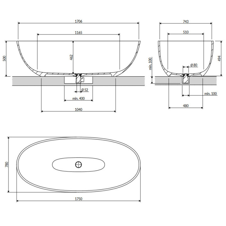 Vaňa voľne stojaca 175x78cm, Omnires Shell M+, biely matnéný