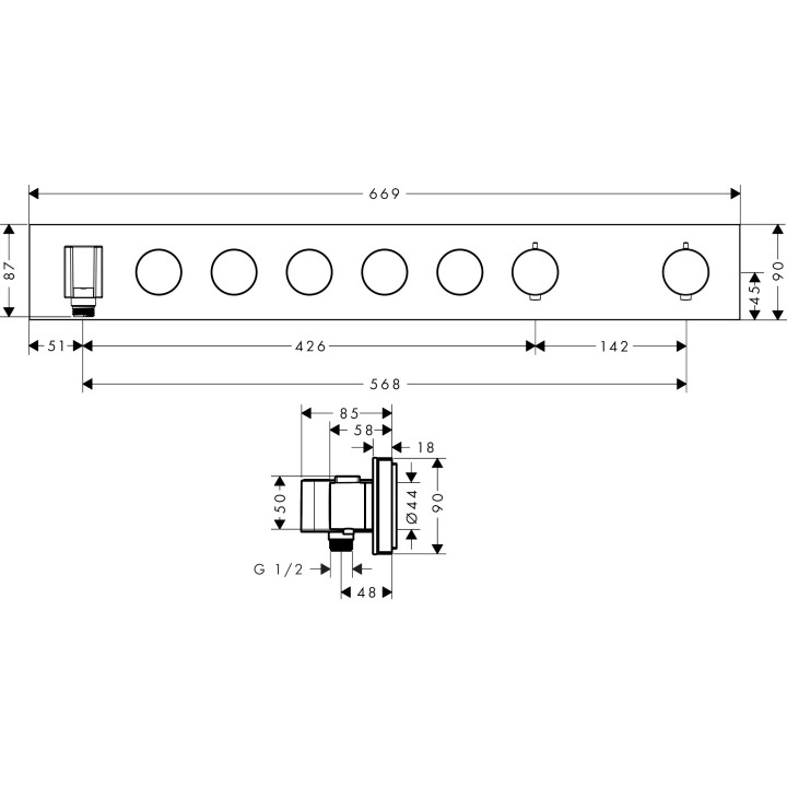 Modul s termostatom Axor Select 600/90 do 4 prijímačov, podomietkový, čierna kefovaný chróm