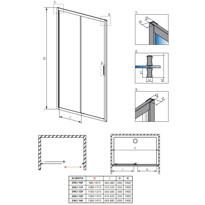 Dverí sprchové 120cm, Radaway Alienta DWJ, sklo číre, profil chróm
