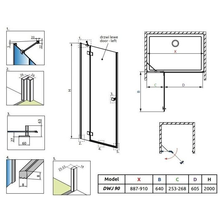 Dverí sprchové do niky Radaway Premium Plus DWJ 160, uniwersalne, 1575-1615mm, sklo fabric, profil chróm