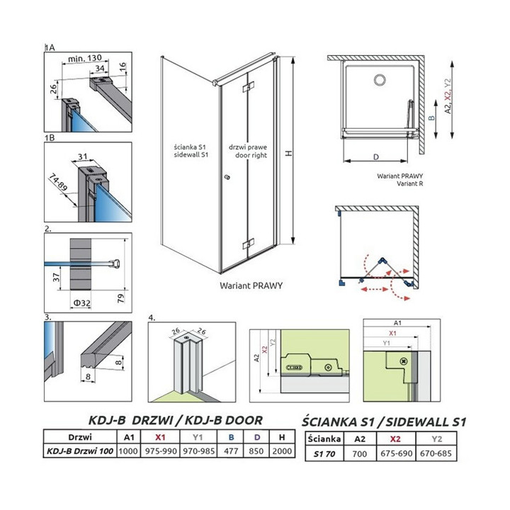 Dverí sprchové Radaway Nes Gold KDJ B 100, skladacie, ľavé, 1000x2000mm - sklo číre, profil zlatý lesklá
