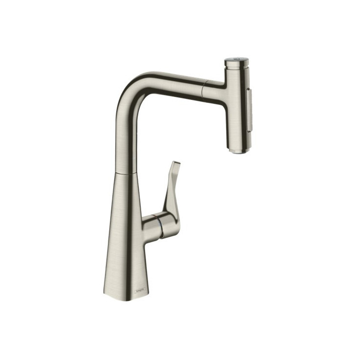 Drezová batéria Hansgrohe Metris Select M71, páková 320, výsuvná sprcha, 2jet, sBox - brúsená oceľ finish