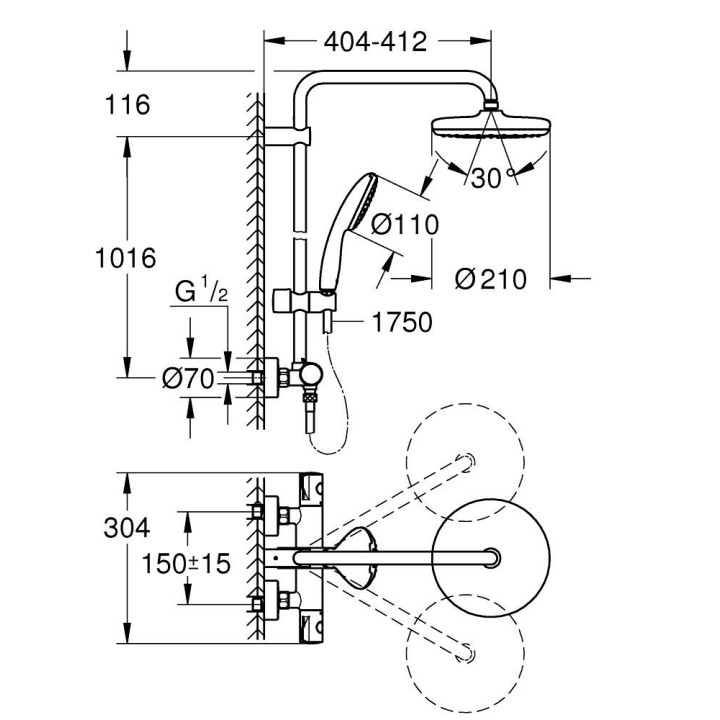 Sprchový set Grohe Tempesta Cosmopolitan System 210, s termostatom na montáž na stenu - chróm