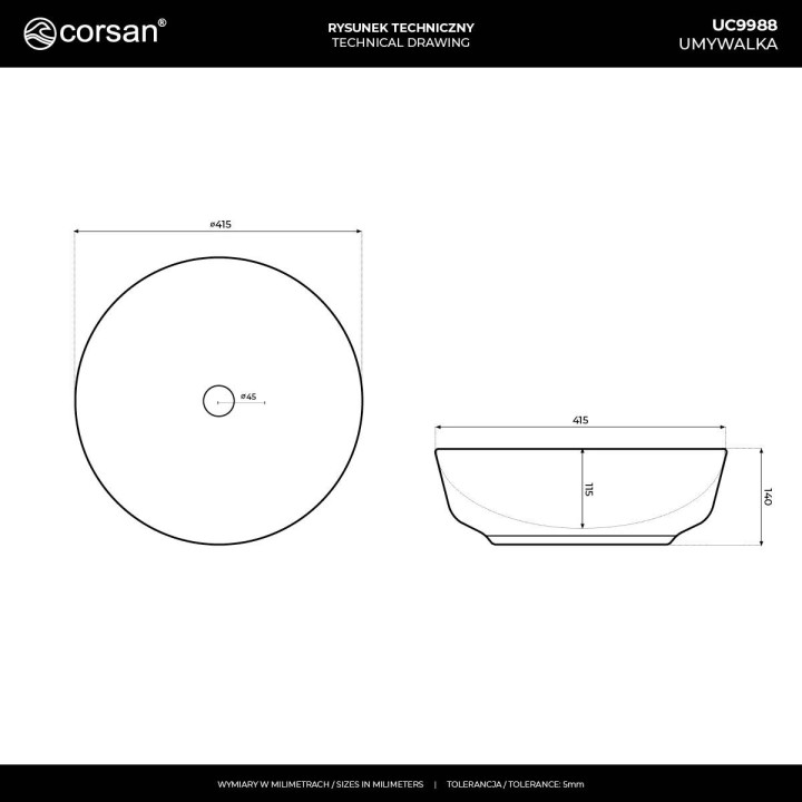 Umývadlo na postavenie na dosku okrągłaCorsan 400x400x160mm s uzáverom klik-klak chróm, biela