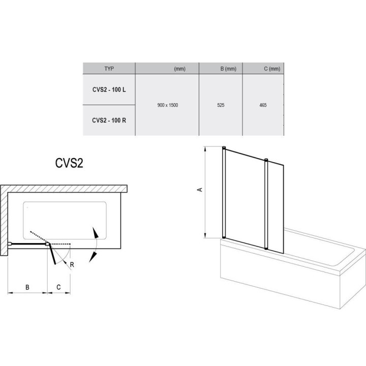 Ścianka wannowa Ravak 100 P CVS2 Transparent Biały- sanitbuy.pl