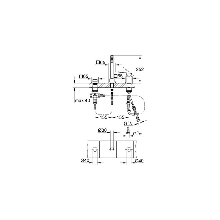 Kombinacja wannowa GROHE Eurocube stojąca, wys. 252 mm, chrom, 3-otworowa, bez wylewki- sanitbuy.pl