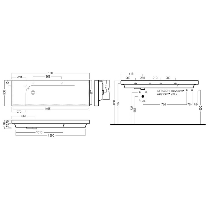 Asymetrické umývadlo Hatria Grandangolo YXF3 na stěnu 150 x 50 cm, biela, otvor na batériu z ľavej- sanitbuy.pl