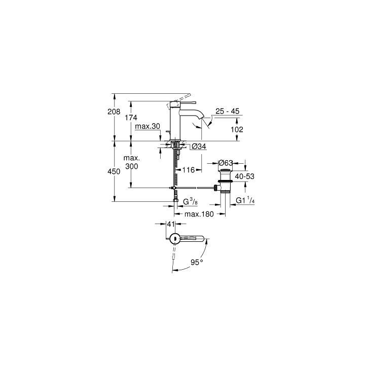 Umyvadlová batéria Grohe Essence na postavení, wys. 208 mm, chróm, Jednootvorové, Súprava odtokový- sanitbuy.pl