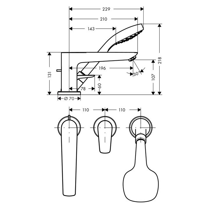 Vaňová batéria  3-otvorová Hansgrohe Talis E chróm, dł. 196 mm, montaż na okraj vane, el. zewnętrzny- sanitbuy.pl