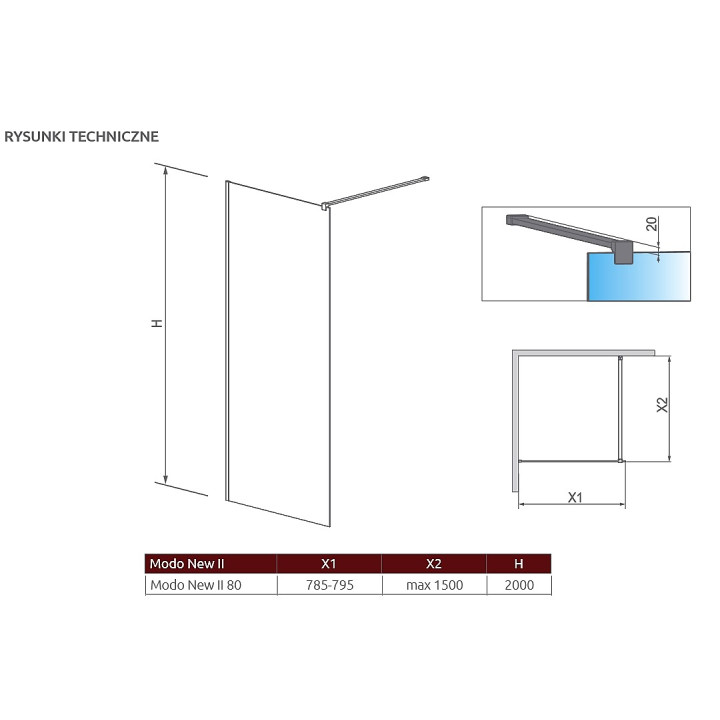 Pevná bočná stena Walk-In Radaway Modo New II 80, 78.5-79.5x200cm, chróm, sklo číre- sanitbuy.pl