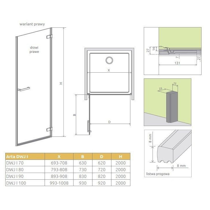 Dverí wnękowe Radaway Arta DWJ I 70cm x 200cm ľavé chróm, sklo číre- sanitbuy.pl