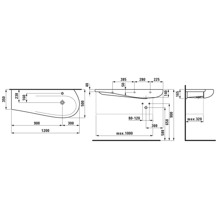 Umývadlo 1200x500x350 s otvorom pre batériu na dosku LAUFEN ALESSI ONE - sanitbuy.pl